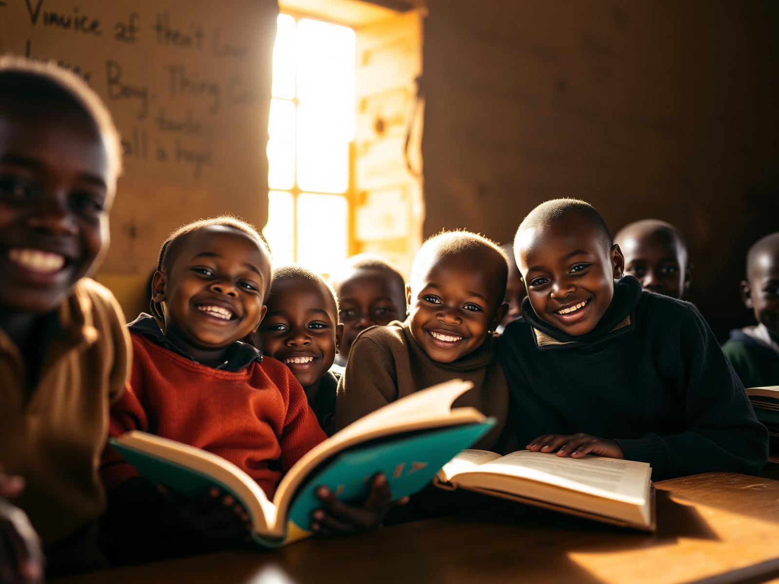 Young learners in a rural South African classroom sharing a book